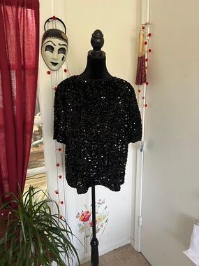 Black Sequin Short-Sleeve Pullover Top